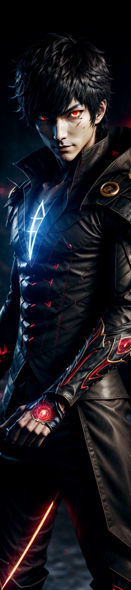 1 man, handsome, ren amamiya, glowing red eyes, sharp look, super detailed eyes, evil smile, super detailed face, dual wielding his signature assasin weapon, wear trickster assasins suit embroidered with golden shiny persona symbol, masterpiece, best quality, 
high resolution, 8k, intricate detail, detailed face, glowing, elemental lightning mixed with fire wind light, backlight, omni light medium brightness, semi realistic mixed with 3d anime style, ,blurry_light_background