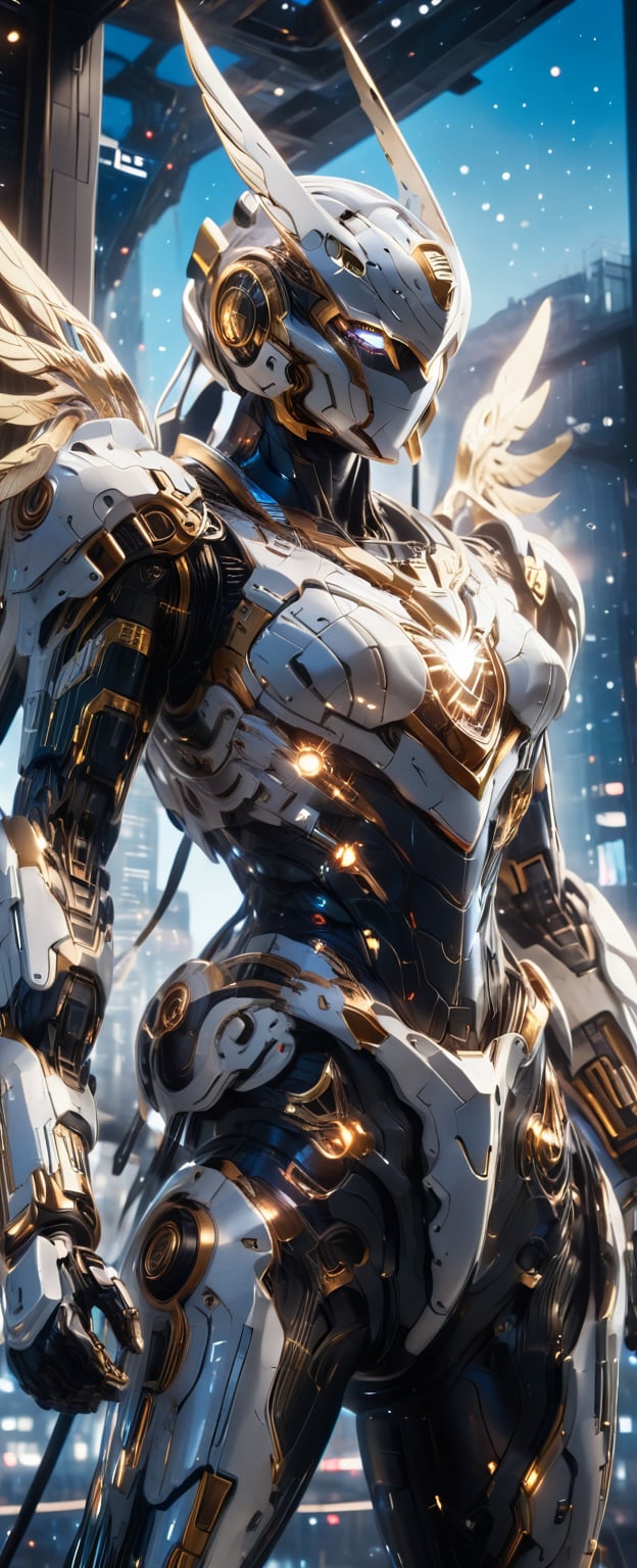 a superhero being wearing a golden black suit made from nano technology, photorealistic, super detailed, suspended in mid-air, floating against a breathtaking galaxy backdrop with swirling nebulae and stars. equipped with weapon arsenal, High-quality lighting renders every detail vividly, Masterpiece composition, showcases the vastness of space,  HDR enhances the colors, stunningly realistic and immersive visual experience, glowingdust, bokeh, Energy light particle mecha, full body, from below shot,mesha suit,mecha wing, high quality, hyperrealistic, 8k, cinematic, dramatic lighting, neoclassical, natural lighting