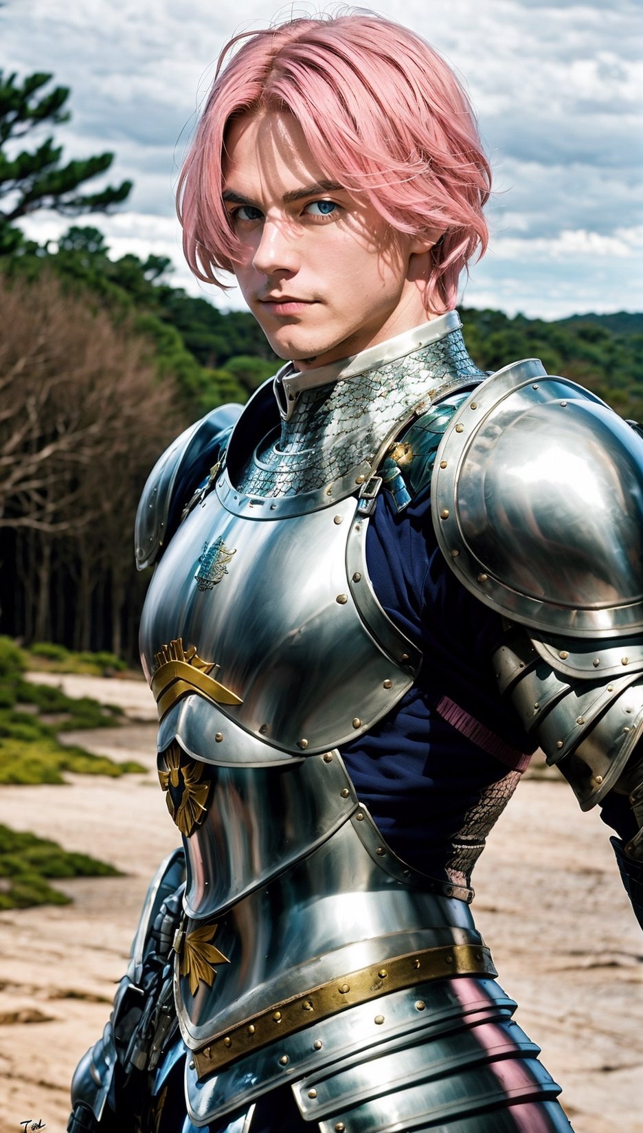 define gilthunder from nanatsu no taizai : "realistic body muscle, bare chest with armored suit, short pink hair, low angle photo, realistic, kingdom and forrest in the background,gilthunder_nanatsu_no_taizai