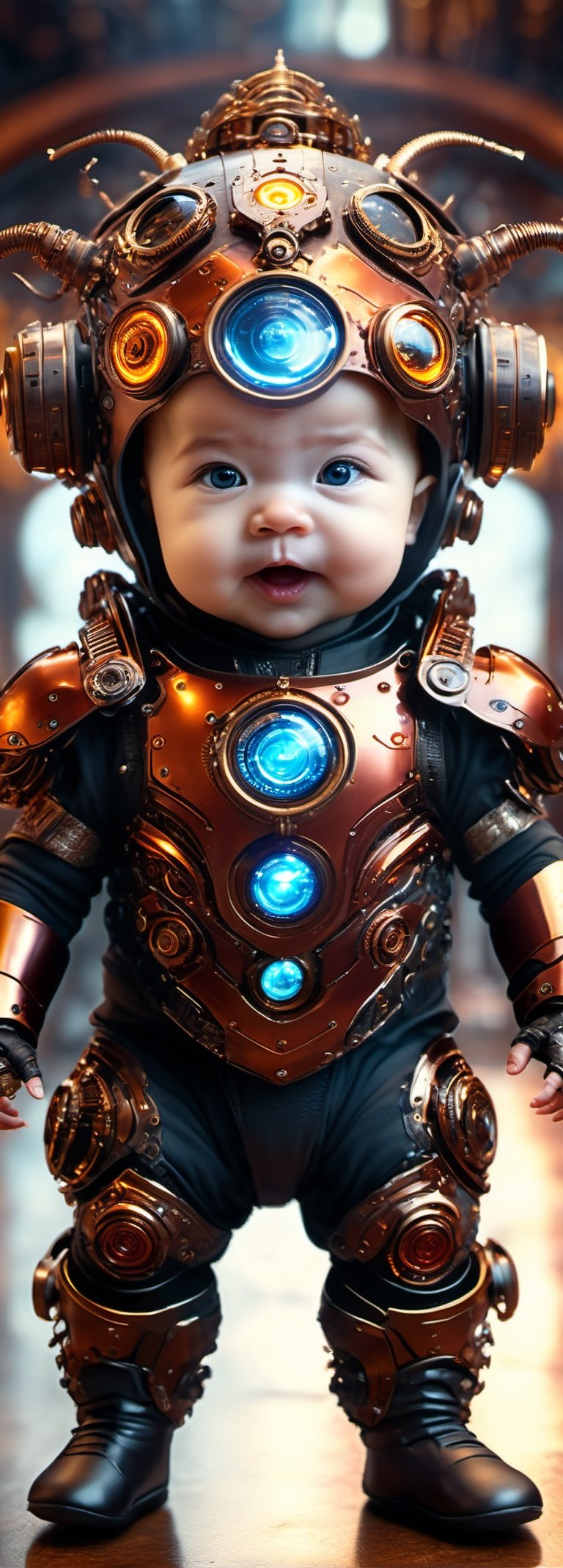 best quality, high resolution, 8k, realistic, sharp focus, (hyperdetailed:1.4), high contrast, (hdr:1.6), Lenkaizm, full body shot, photorealistic image of baby, evil smile, very realistic eyes, wears biomechanics armor, dynamic pose, reflection, bokeh, Temple background, blurry_light_background, Movie Still, photo r3al,Extremely Realistic,ministop,DonMCyb3rN3cr0XL , konbini,steampunk style,  all body in frame,steampunk