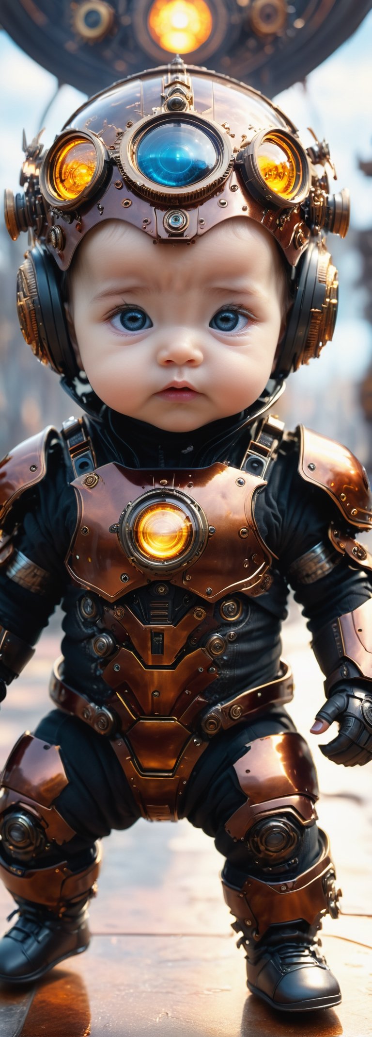 best quality, high resolution, 8k, realistic, sharp focus, (hyperdetailed:1.4), high contrast, (hdr:1.6), Lenkaizm, full body shot, photorealistic image of baby,  very realistic eyes, wears biomechanics armor, dynamic pose, reflection, bokeh, Temple background, blurry_light_background, Movie Still, photo r3al,Extremely Realistic,ministop,DonMCyb3rN3cr0XL , konbini,steampunk style,  all body in frame