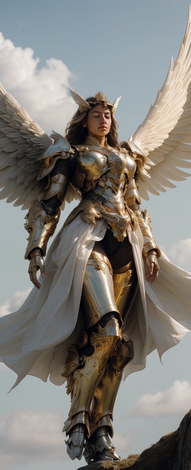 A majestic angelic being, draped in intricately crafted, thick-layered armor, its gleaming metallic surface reflecting warm golden light. The camera pans down from a high angle, capturing the serene landscape beneath, as the armored figure stands steadfast, wings folded, and eyes closed in contemplation, surrounded by wispy clouds drifting lazily across the sky.,MECHA