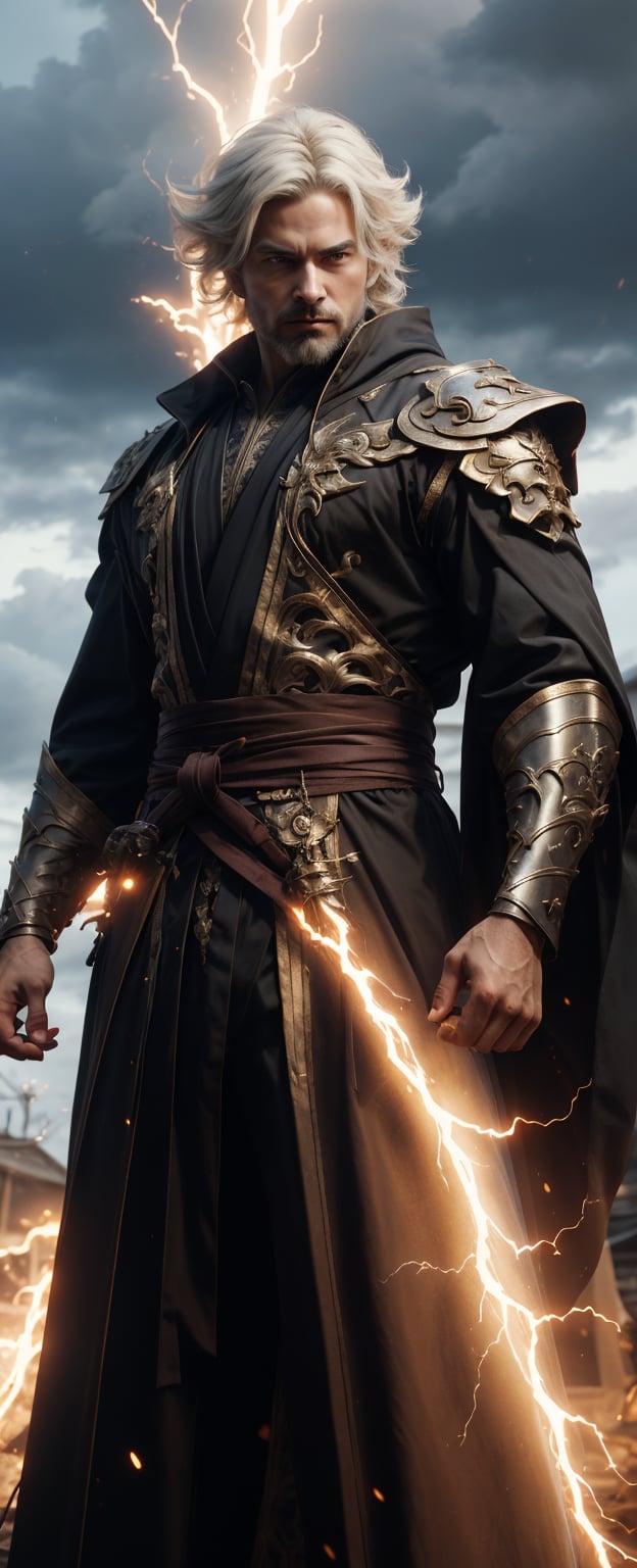 (best quality, 8k, highres,masterpiece:1.2),ultra-detailed,(realistic,photorealistic,photo-realistic:1.4),HDR,UHD,A majestic, golden-robed warrior plunges from a tumultuous gray sky, bisected by a radiant beam of light that frames his chiseled features. Vibrant violet auras swirl around his sturdy physique as he descends, his stern expression exuding heroism and divine power. Golden robes billow behind him, accentuating his imposing stature amidst the cloudy backdrop.