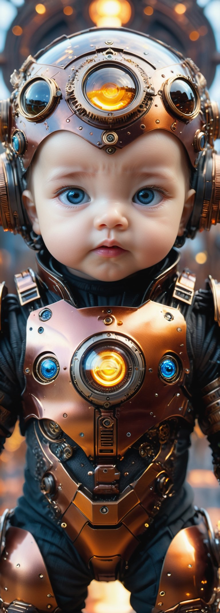 best quality, high resolution, 8k, realistic, sharp focus, (hyperdetailed:1.4), high contrast, (hdr:1.6), Lenkaizm, full body shot, photorealistic image of baby,  very realistic eyes, wears biomechanics armor, dynamic pose, reflection, bokeh, Temple background, blurry_light_background, Movie Still, photo r3al,Extremely Realistic,ministop,DonMCyb3rN3cr0XL , konbini,steampunk style,  all body in frame