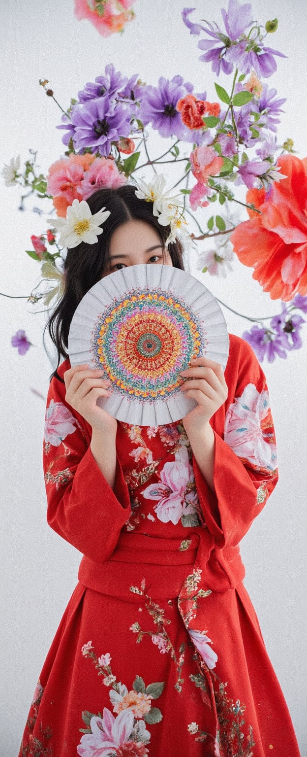 Lenkaizm, A mesmerizing 14-year-old Japanese girl with beautiful black hair and a stunning red kimono adorns the center of a breathtakingly detailed unity 8k wallpaper, against a pure white background, a cowboy-shot-inspired composition, surrounded by vibrant fractal art, the dynamic angle captures her serene expression as she holds a mandala-tangle design, Wong Kar-Wai's cinematography style, evoking feelings of romance and ecstasy in viewer's feeling.