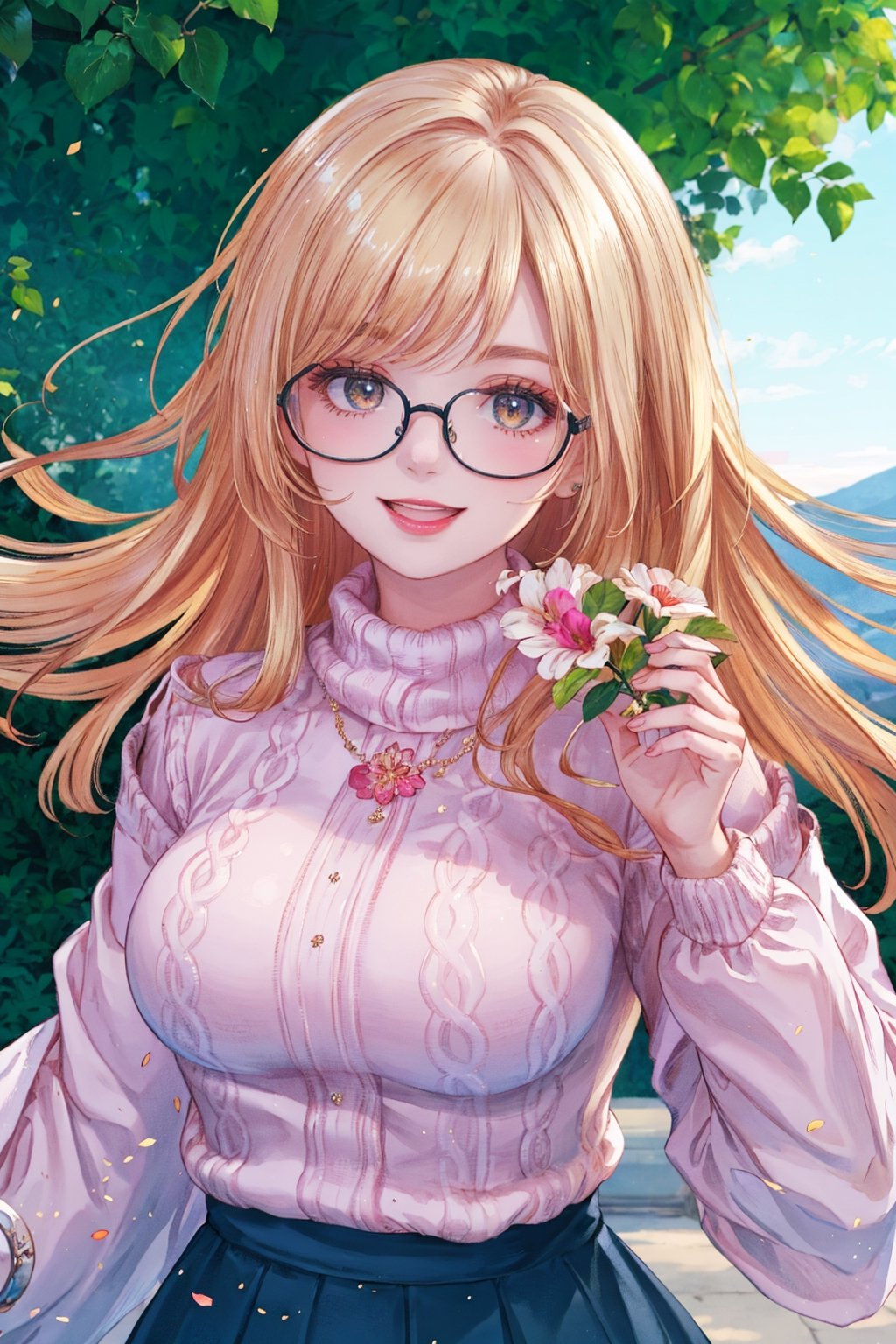 8k, (absurdres, highres, ultra detailed), (1lady:1.3), (((blond_green_long_hair))), ultra resolution image, kawaii, mystery, aesthetic:1.2, colorful, dynamic angle, highest detailed face), big glasses, black rimmed glasses, happy smile, (wearing a pink oversized_sweater:1.2), pleated skirt, sunset, fall colors, beautiful trees, nature, flowers, windy, hair flowing in the wind, sun shinning through hair, high contrast, (official art, extreme detailed, highest detailed, natural skin texture, hyperrealism, soft light, sharp, perfect face), golden dawn, :d, Big boobs1:3. (((Smoky makeup))), curvy, ,midjourney