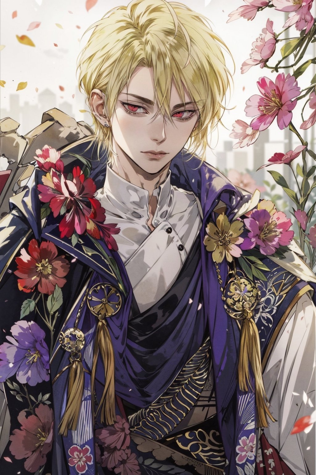 (Tall young handsome man, blonde, red eyes, glowing eyes, levi ackerman hairstyle,) line drawing , floral, fantasy, white background, HD, anime, watercolor, ink, flowers & blossoms, golden hour, bokeh, ambient environment, epic, 4k, beautiful landscape, centered, full picture