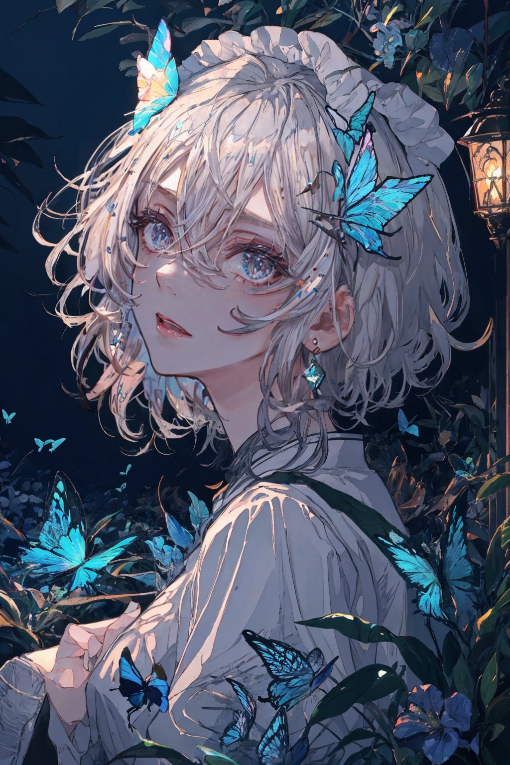 1girl, solo, looking at viewer, bangs, grey white hair, hair between eyes, parted lips, black eyes, lips, eyelashes, bug, butterfly, portrait, blue butterfly