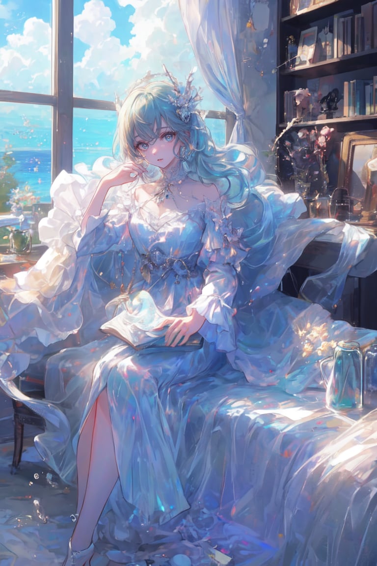 1girl, solo, long hair, looking at viewer, bangs, blue eyes, shirt, hair ornament, long sleeves, holding, hair between eyes, sitting, very long hair, white shirt, frills, parted lips, green hair, sky, day, cloud, indoors, bag, tree, book, window, aqua hair, chair, table, curtains, frilled sleeves, bookshelf, jar, flask, globe,portrait