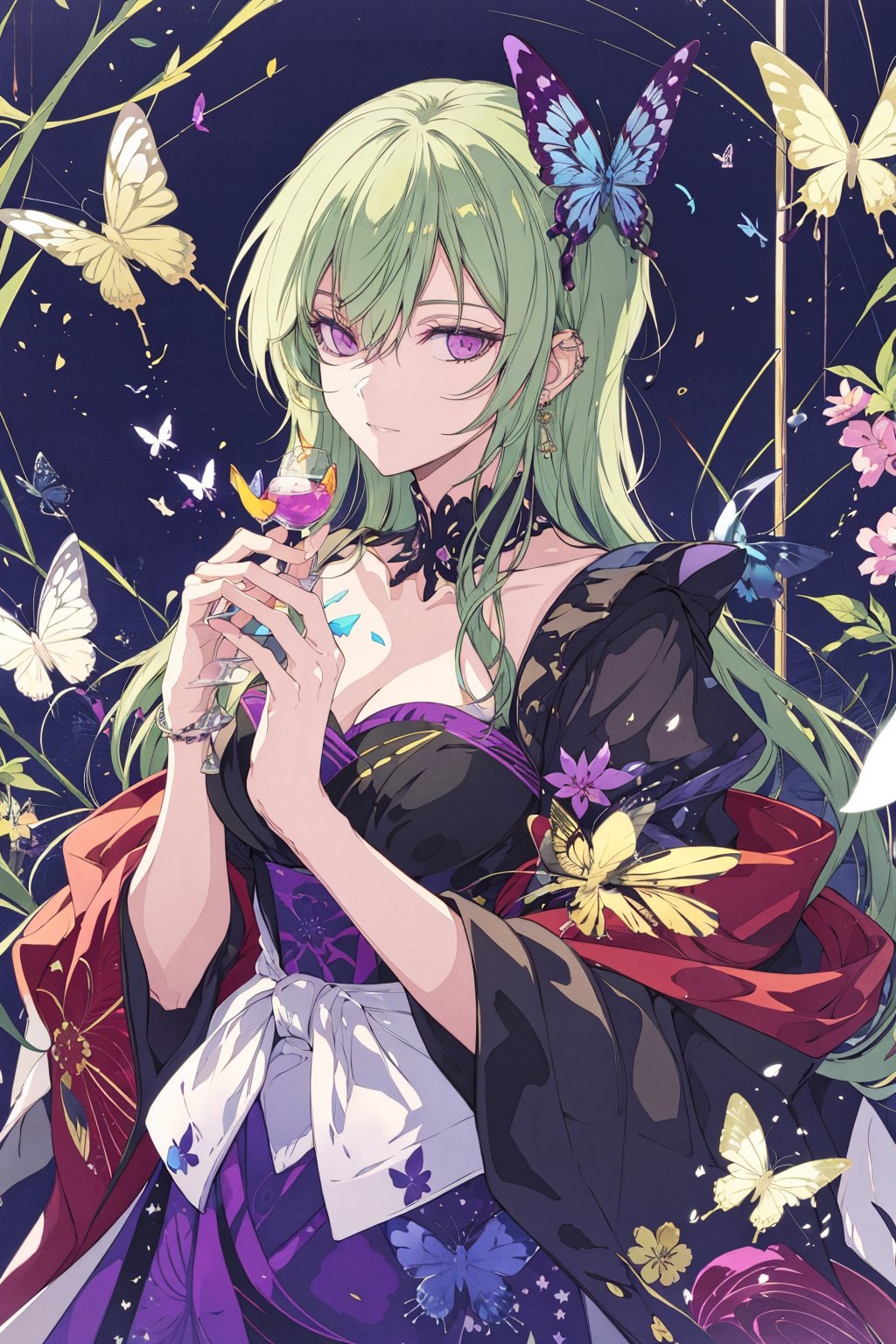 8k, (absurdres, highres, ultra detailed), a woman with long hair holding a crystal ball in her hands and surrounded by butterflies and butterflies around her, Anna Dittmann, anime art, a detailed painting, gothic art, animal, bee, beetle, bird, blue_butterfly, blue_dress, bug, butterfly, butterfly_hair_ornament, butterfly_on_hand, butterfly_print, butterfly_wings, crystal, dragonfly, dress, fairy, glowing_butterfly, hair_between_eyes, hair_ornament, kashiwazaki_sena, leaf, long_hair, long_sleeves, looking_at_animal, looking_at_viewer, origami, own_hands_together, paper_crane, solo, white_butterfly, yellow_butterfly