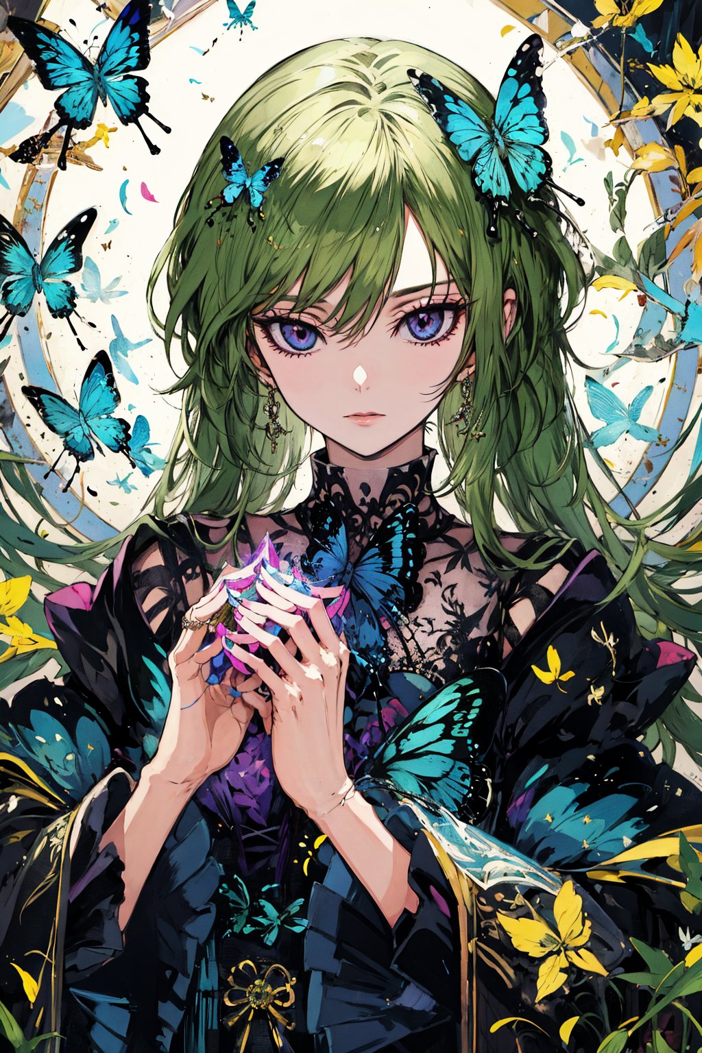 8k, (absurdres, highres, ultra detailed), a woman with long hair holding a crystal ball in her hands and surrounded by butterflies and butterflies around her, Anna Dittmann, anime art, a detailed painting, gothic art, animal, bee, beetle, bird, blue_butterfly, blue_dress, bug, butterfly, butterfly_hair_ornament, butterfly_on_hand, butterfly_print, butterfly_wings, crystal, dragonfly, dress, fairy, glowing_butterfly, hair_between_eyes, hair_ornament, kashiwazaki_sena, leaf, long_hair, long_sleeves, looking_at_animal, looking_at_viewer, origami, own_hands_together, paper_crane, solo, white_butterfly, yellow_butterfly