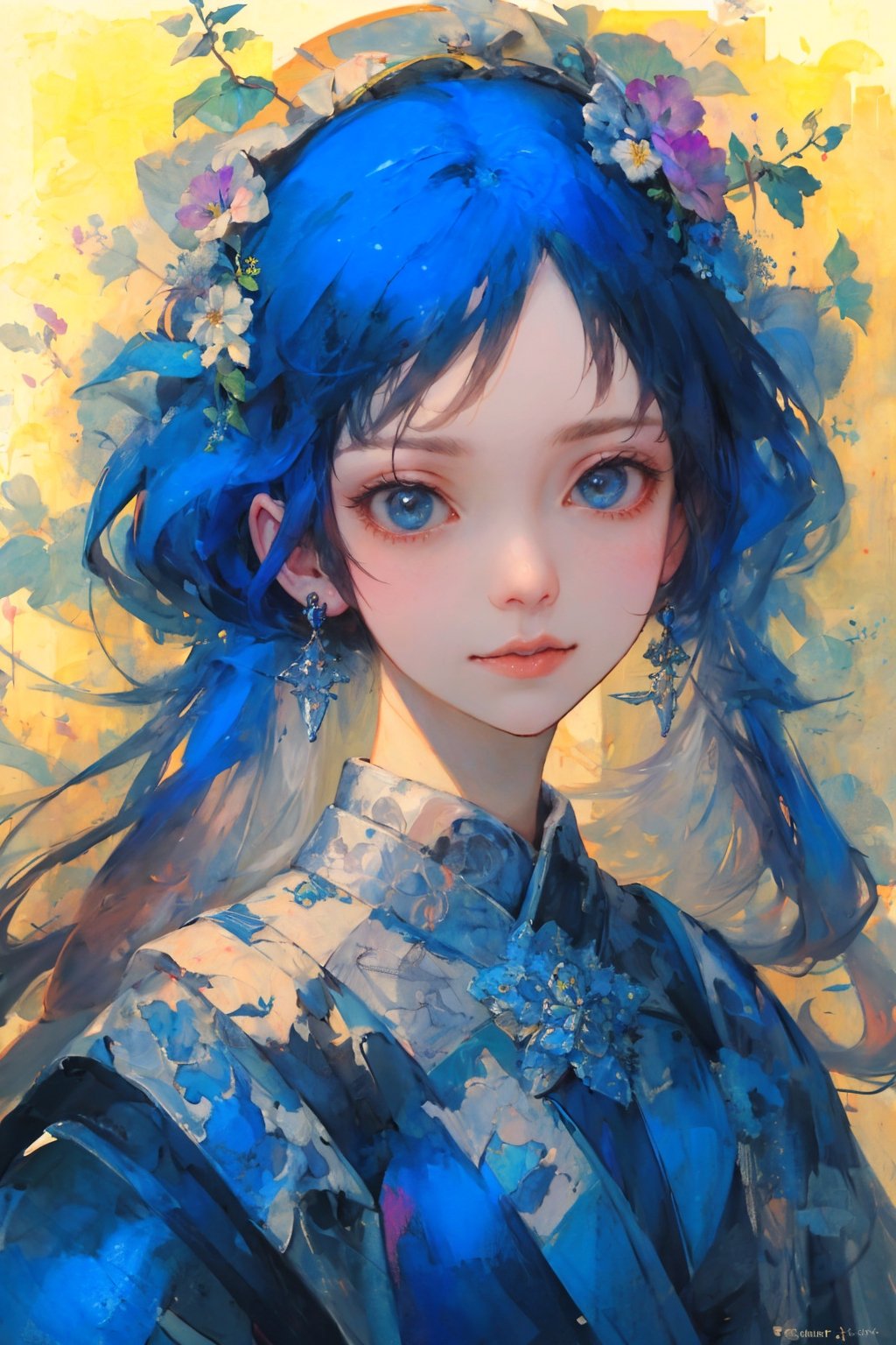 8k, (absurdres, highres, ultra detailed), (1lady:1.3), a close up of a woman's face surrounded by flowers, stunning anime face portrait, cgsociety 9, beautiful anime portrait, detailed portrait of anime girl, 🌺 cgsociety, gorgeous digital art, girl in flowers, blue flowers, wlop painting style, with frozen flowers around her, stunning cgsociety, portrait anime girl, art of wlop, beautiful anime style, midjourney, CLOUD,