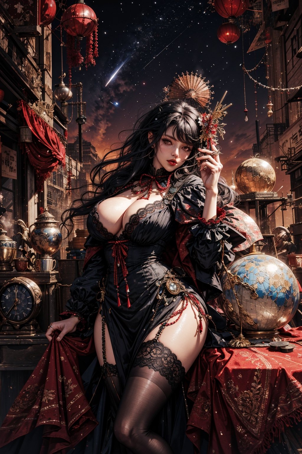 8k, (absurdres, highres, ultra detailed), (1lady), Big boobs:1.2, curvy, shennongshi, DonMF41ryW1ng5=, cute background, lolita, black_hair,Half Color,DonMF41ryW1ng5,fashion_girl