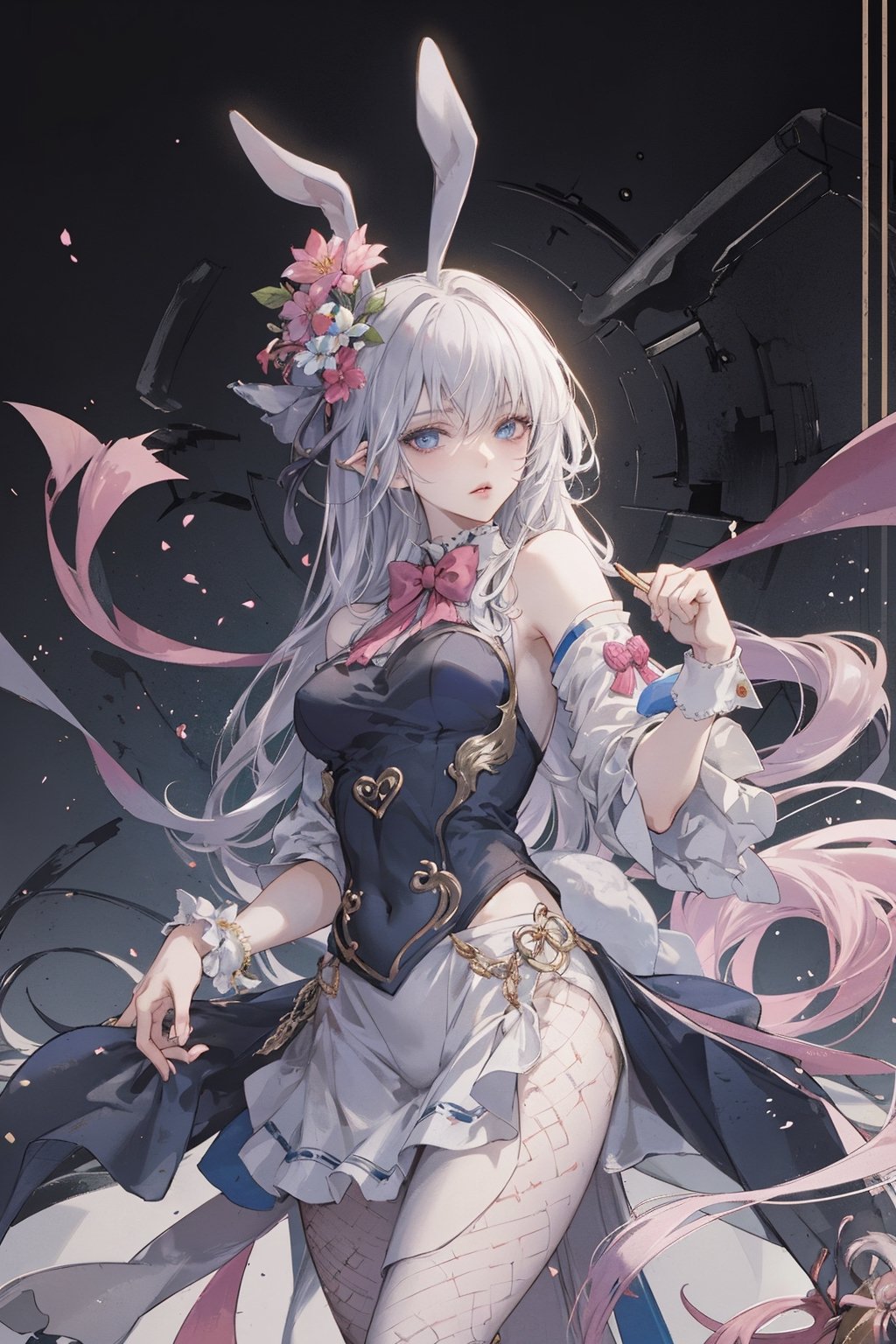 ength GREY hair, (((the background gray))), best quality,masterpiece,detailed,16k,beautiful detailed face,beautiful detailed eyes,8k,female_solo,perfect body, perfect face, 1 beautiful woman, (colored shoulder-length Length hair), blue eye, pink skin, lora:Bbunnysuit5-000004:1, bbunnysuit, pantyhose, fake bear ears, wrist cuffs, bowtie, ,bbunnysuit,girl,1 girl,skirt_tail,yuzu,fishnet top
