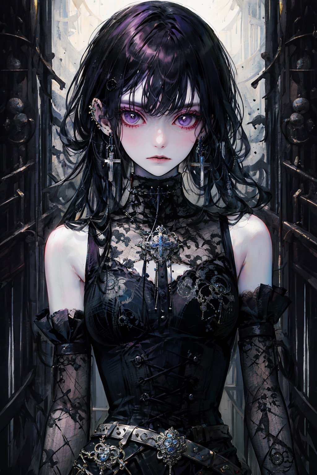 1girl, solo, long hair, looking at viewer, bangs, black hair, dress, bare shoulders, jewelry, closed mouth, purple eyes, upper body, earrings, detached sleeves, belt, makeup, piercing, cross, ear piercing, cross earrings, gothic,shaonv