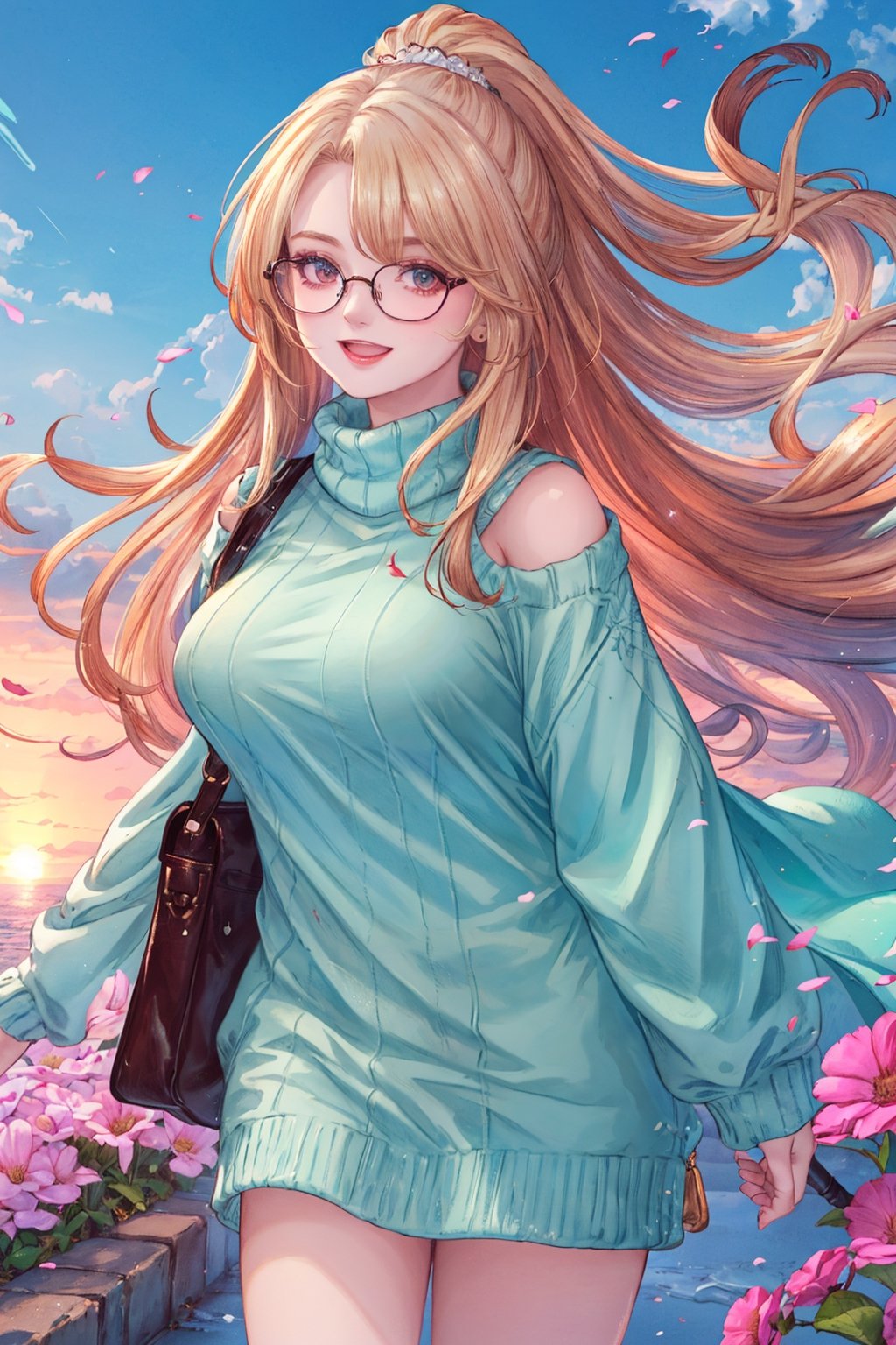 8k, (absurdres, highres, ultra detailed), (1lady:1.3), (((blond_green_long_hair))), ultra resolution image, kawaii, mystery, aesthetic:1.2, colorful, dynamic angle, highest detailed face), big glasses, black rimmed glasses, happy smile, (wearing a pink oversized_sweater:1.2), pleated skirt, sunset, fall colors, beautiful trees, nature, flowers, windy, hair flowing in the wind, sun shinning through hair, high contrast, (official art, extreme detailed, highest detailed, natural skin texture, hyperrealism, soft light, sharp, perfect face), golden dawn, :d, Big boobs1:3. (((Smoky makeup))), curvy, ,midjourney