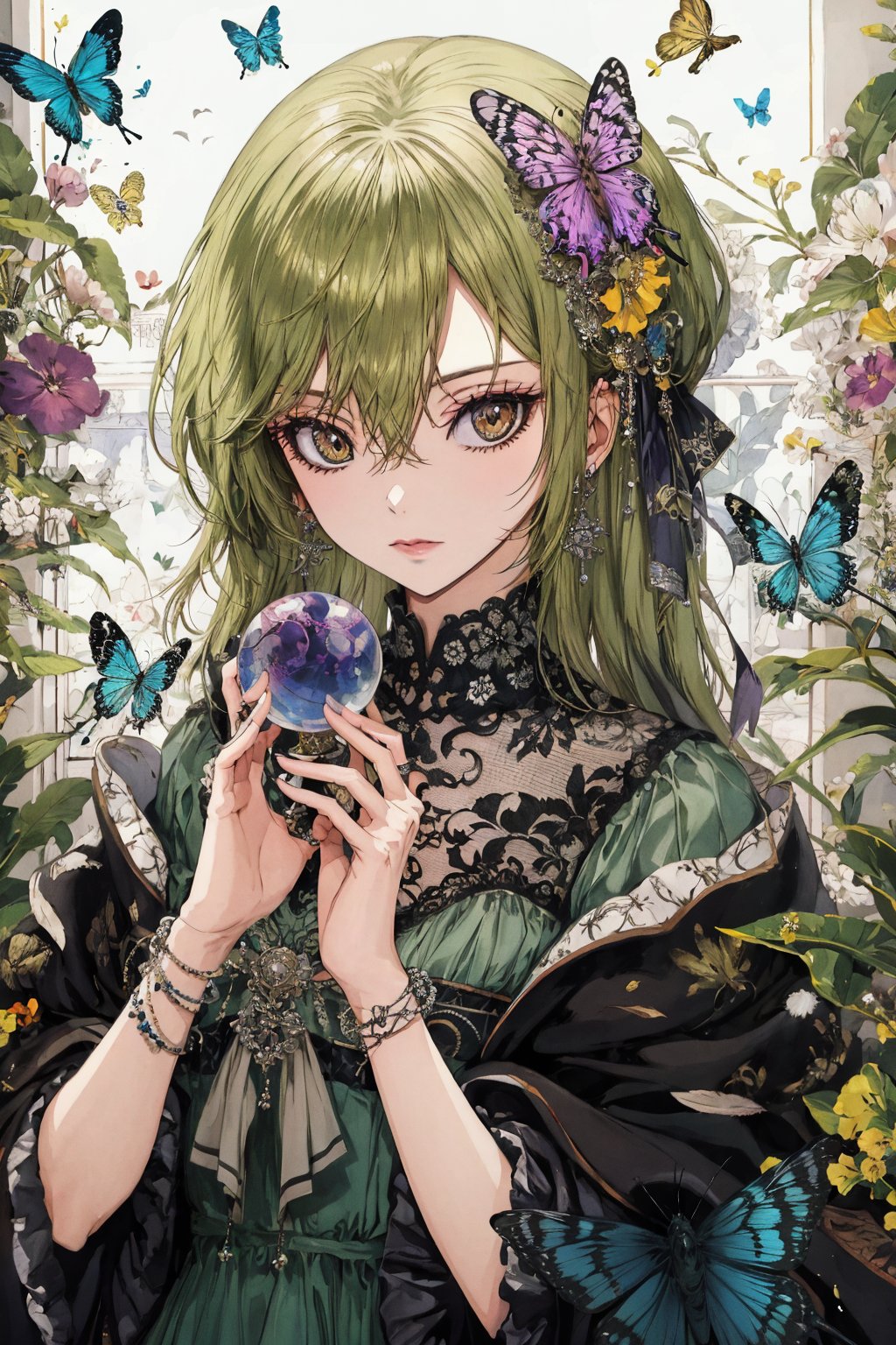 8k, (absurdres, highres, ultra detailed), a woman with long hair holding a crystal ball in her hands and surrounded by butterflies and butterflies around her, Anna Dittmann, anime art, a detailed painting, gothic art, animal, bee, beetle, bird, blue_butterfly, blue_dress, bug, butterfly, butterfly_hair_ornament, butterfly_on_hand, butterfly_print, butterfly_wings, crystal, dragonfly, dress, fairy, glowing_butterfly, hair_between_eyes, hair_ornament, kashiwazaki_sena, leaf, long_hair, long_sleeves, looking_at_animal, looking_at_viewer, origami, own_hands_together, paper_crane, solo, white_butterfly, yellow_butterfly