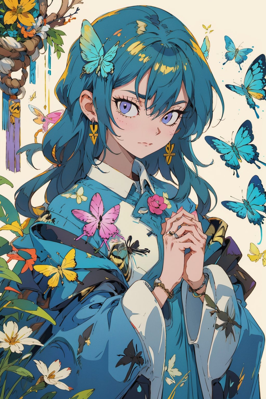 8k, (absurdres, highres, ultra detailed), a woman with long hair holding a crystal ball in her hands and surrounded by butterflies and butterflies around her, Anna Dittmann, anime art, a detailed painting, gothic art, animal, bee, beetle, bird, blue_butterfly, blue_dress, bug, butterfly, butterfly_hair_ornament, butterfly_on_hand, butterfly_print, butterfly_wings, crystal, dragonfly, dress, fairy, glowing_butterfly, hair_between_eyes, hair_ornament, kashiwazaki_sena, leaf, long_hair, long_sleeves, looking_at_animal, looking_at_viewer, origami, own_hands_together, paper_crane, solo, white_butterfly, yellow_butterfly