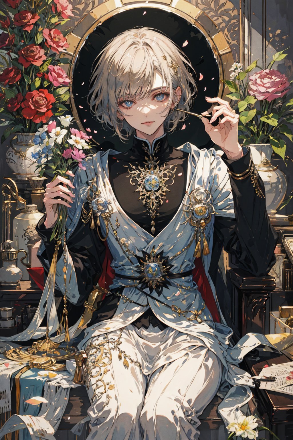 In a stunning analog watercolor painting, a breathtakingly beautiful male sits amidst a whimsical apothecary setting, his brown satchel overflowing with vibrant wildflowers. He wears long sleeves and holds a majestic blue rose, his smile radiating warmth as he gazes down at the bouquet. The artist's masterful brushstrokes bring forth intricate details, from the gentle curves of his face to the delicate petals of the flowers. Soft focus blurs the background, while sharp contrast highlights the subject's features, set against a warm brown theme that echoes the richness of the satchel.