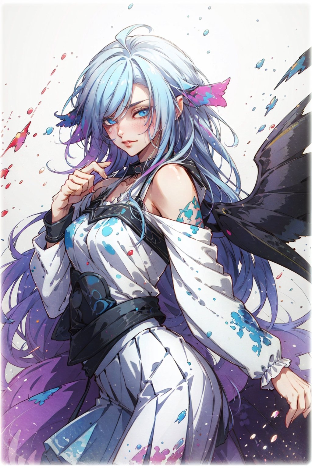 collar, bare shoulders, ((colorful hair)), ((streaked hair)), beautiful detailed eyes, (Gradient color eyes), (((colorful eyes))), super long hair, small breasts, (cowboy shot), (white background), ribbon, ((pleated skirt):1.25), detailed clothes, (splatter)/=((colorful ink splash wings):1.4),
