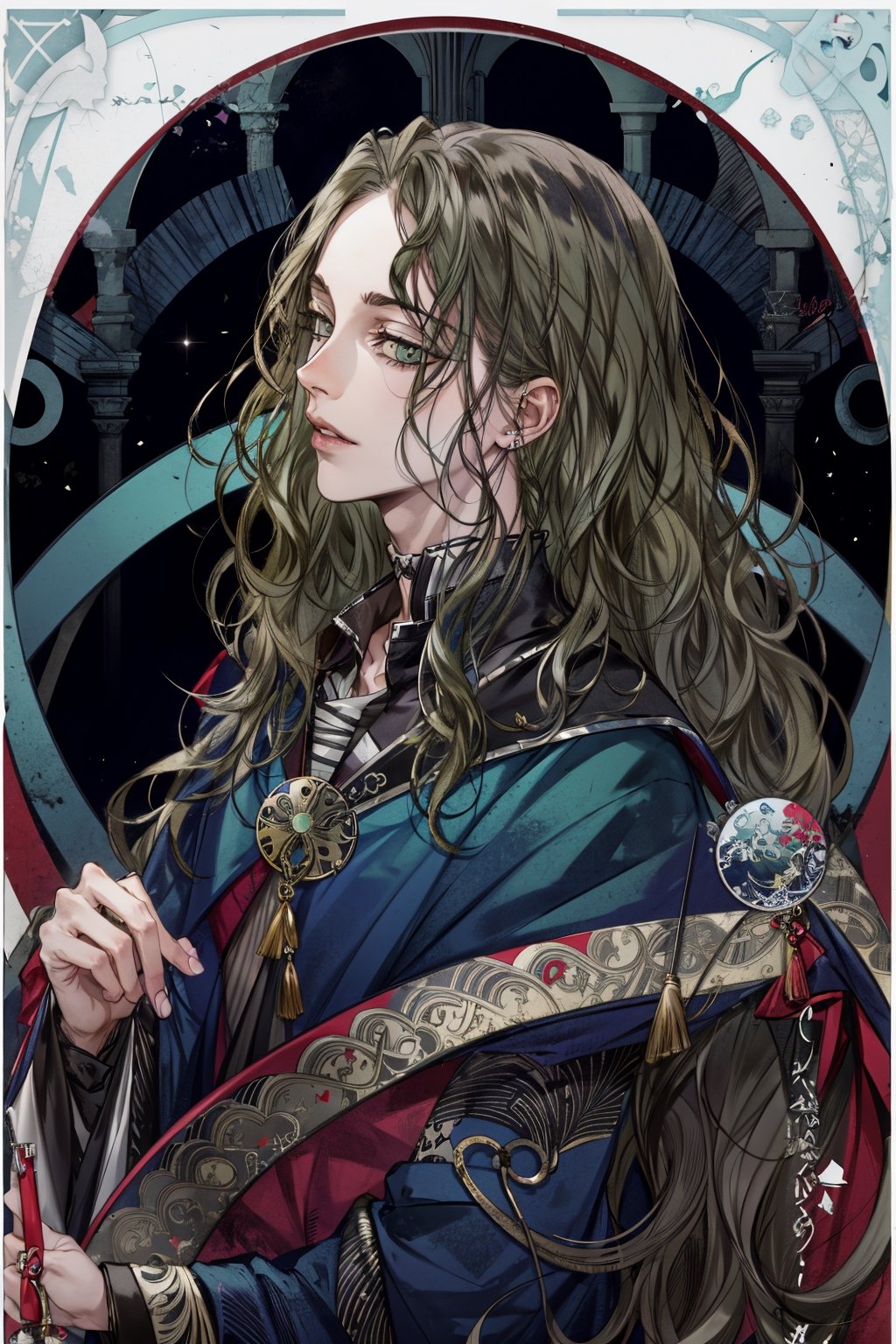 solo,green eyes,(long wavy hair:1.3),very long hair,brunette,  tarot, art nouveau ,Art Nouveau Style,,