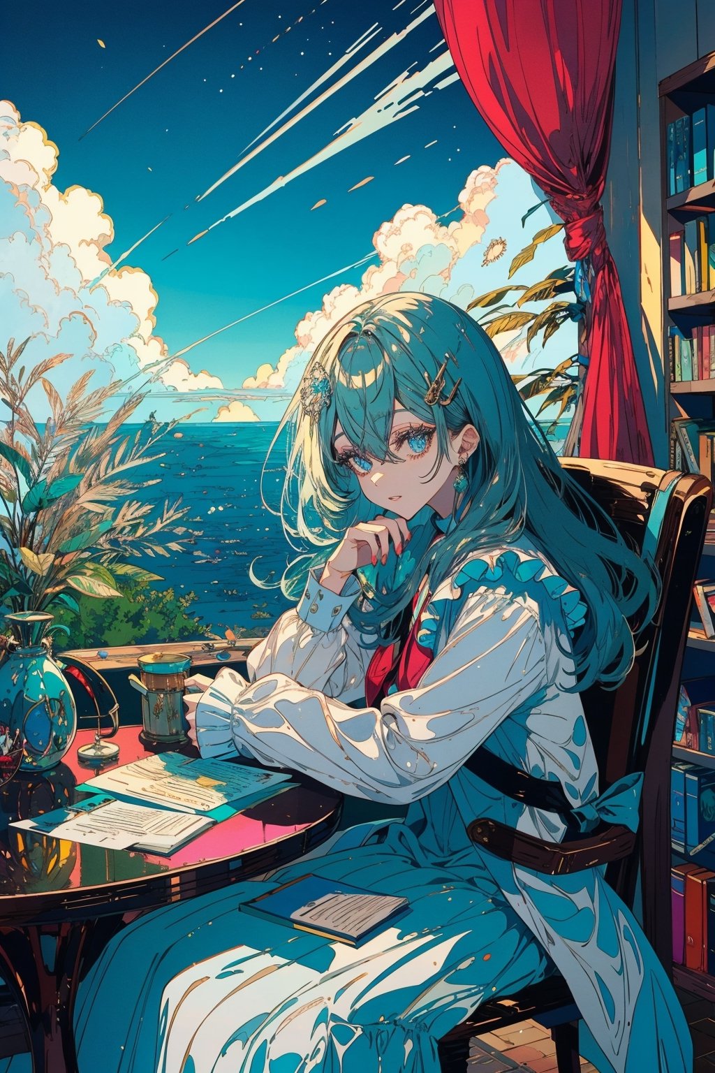 1girl, solo, long hair, looking at viewer, bangs, blue eyes, shirt, hair ornament, long sleeves, holding, hair between eyes, sitting, very long hair, white shirt, frills, parted lips, green hair, sky, day, cloud, indoors, bag, tree, book, window, aqua hair, chair, table, curtains, frilled sleeves, bookshelf, jar, flask, globe