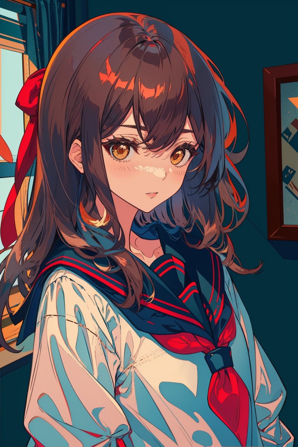 1girl, solo, long hair, looking at viewer, blush, bangs, brown hair, shirt, black hair, bow, ribbon, brown eyes, closed mouth, school uniform, white shirt, upper body, serafuku, indoors, sailor collar, black eyes, lips, neckerchief, window, blue sailor collar, red neckerchief,portrait