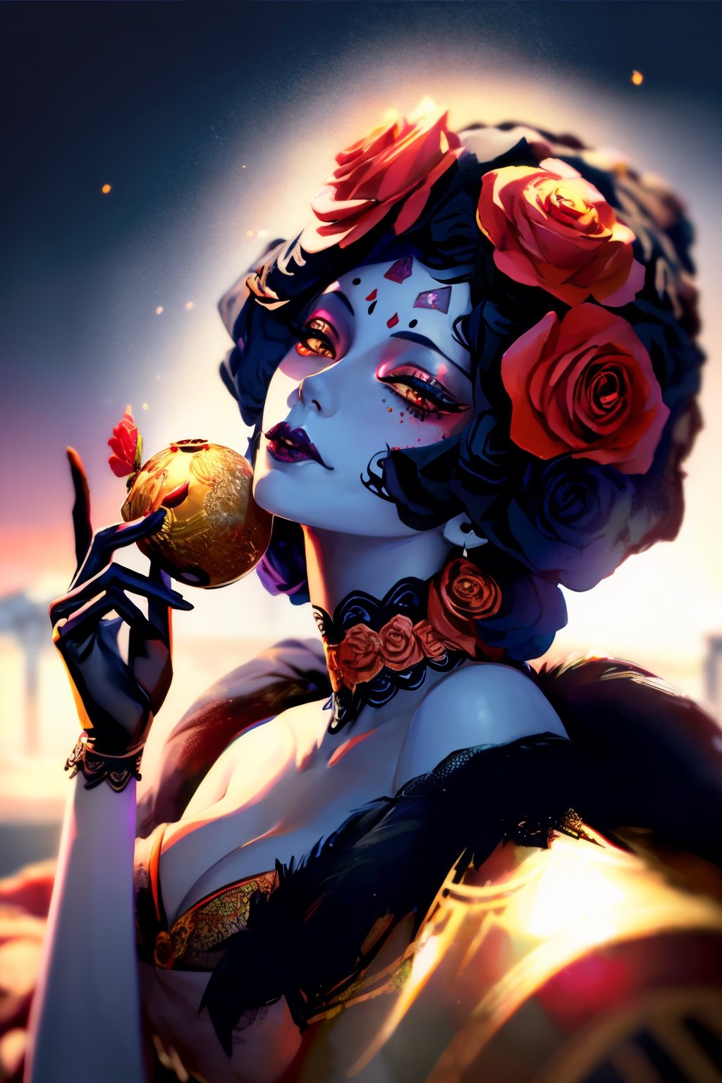 (Best quality, 8k, 32k, Masterpiece, UHD:1.2),  full body potrait of a woman with Catrina makeup, dia de los muertos, white make up, orange, black makeup, emulating a skull with the make up, orange flowers as ornament in hair, many orange flowers, wearing a gown, gloves  and attractive features, eyes, eyelid,  focus, depth of field, film grain,, ray tracing, ((contrast lipstick)), slim model, detailed natural real skin texture, visible skin pores, anatomically correct, night, cemetary background,  Catrina