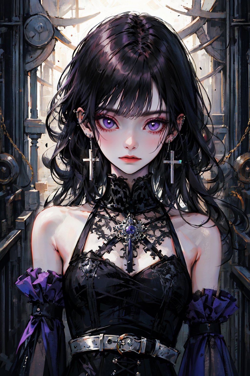 1girl, solo, long hair, looking at viewer, bangs, black hair, dress, bare shoulders, jewelry, closed mouth, purple eyes, upper body, earrings, detached sleeves, belt, makeup, piercing, cross, ear piercing, cross earrings, gothic