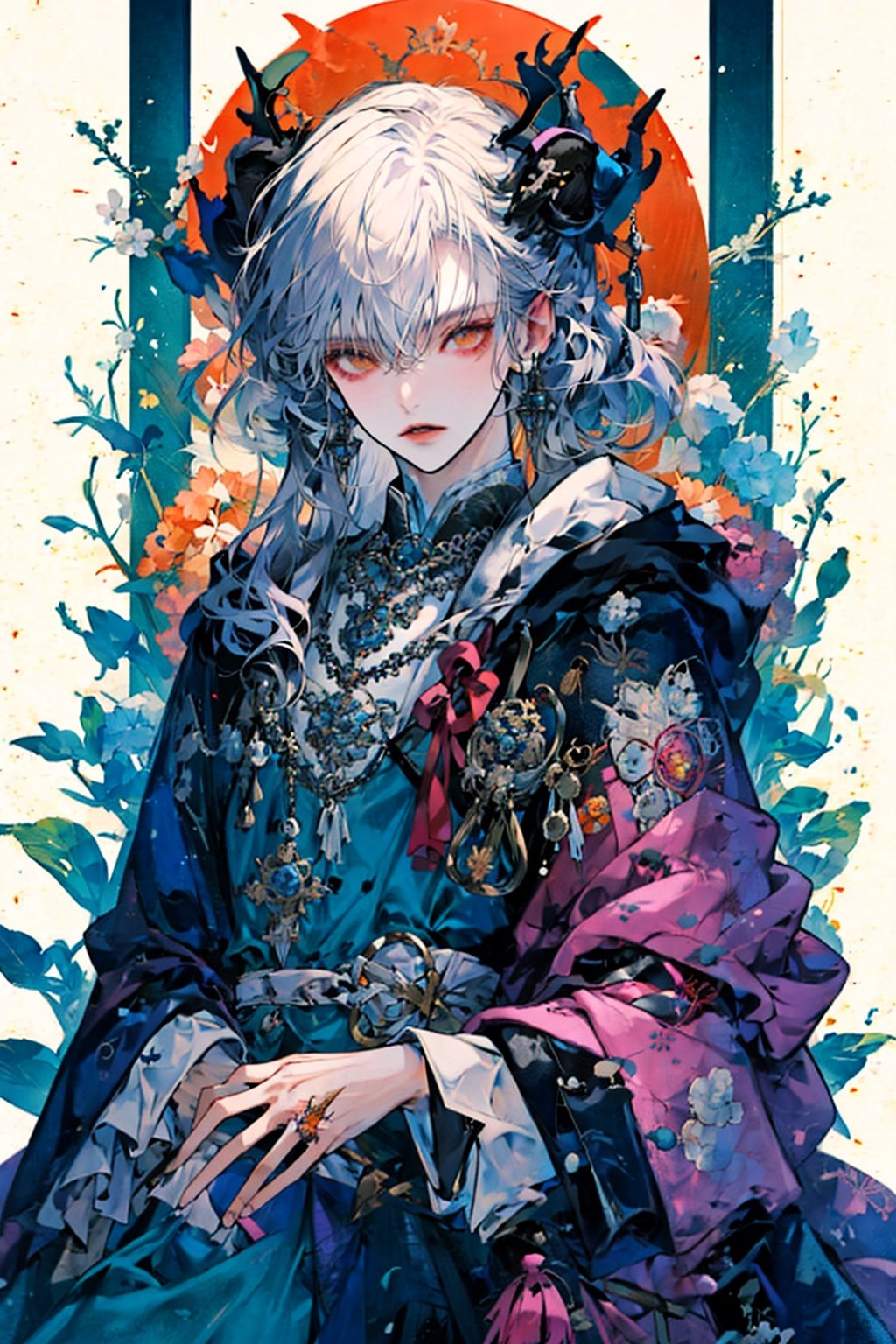 1boy, solo, looking at viewer, bangs, long sleeves, 1boy, holding, hair between eyes, jewelry, sitting, white hair, male focus, earrings, parted lips, horns, hood, wide sleeves, medium hair, necklace, orange eyes, hood up, robe, throne, black robe