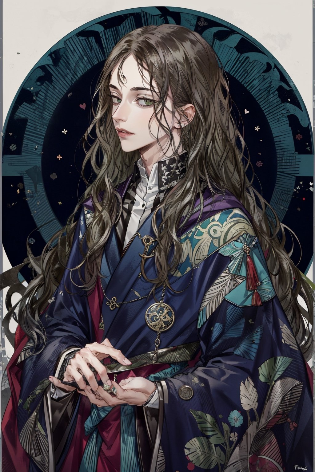 solo,green eyes,(long wavy hair:1.3),very long hair,brunette,  tarot, art nouveau ,Art Nouveau Style,,