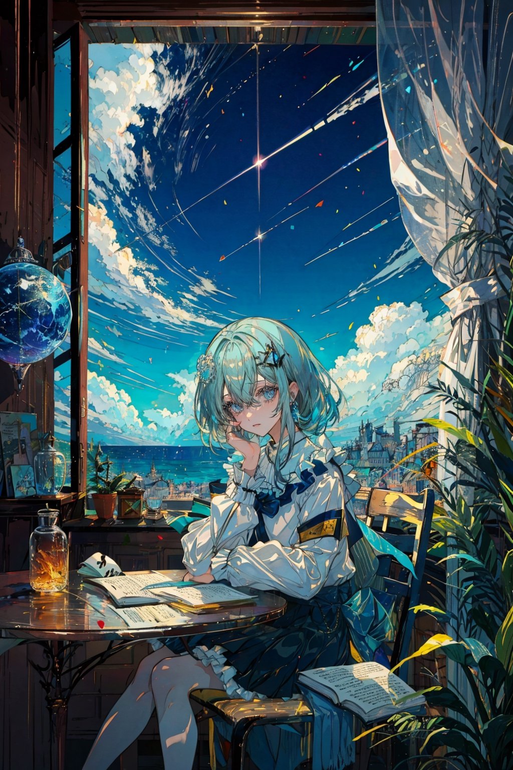 1girl, solo, long hair, looking at viewer, bangs, blue eyes, shirt, hair ornament, long sleeves, holding, hair between eyes, sitting, very long hair, white shirt, frills, parted lips, green hair, sky, day, cloud, indoors, bag, tree, book, window, aqua hair, chair, table, curtains, frilled sleeves, bookshelf, jar, flask, globe,portrait