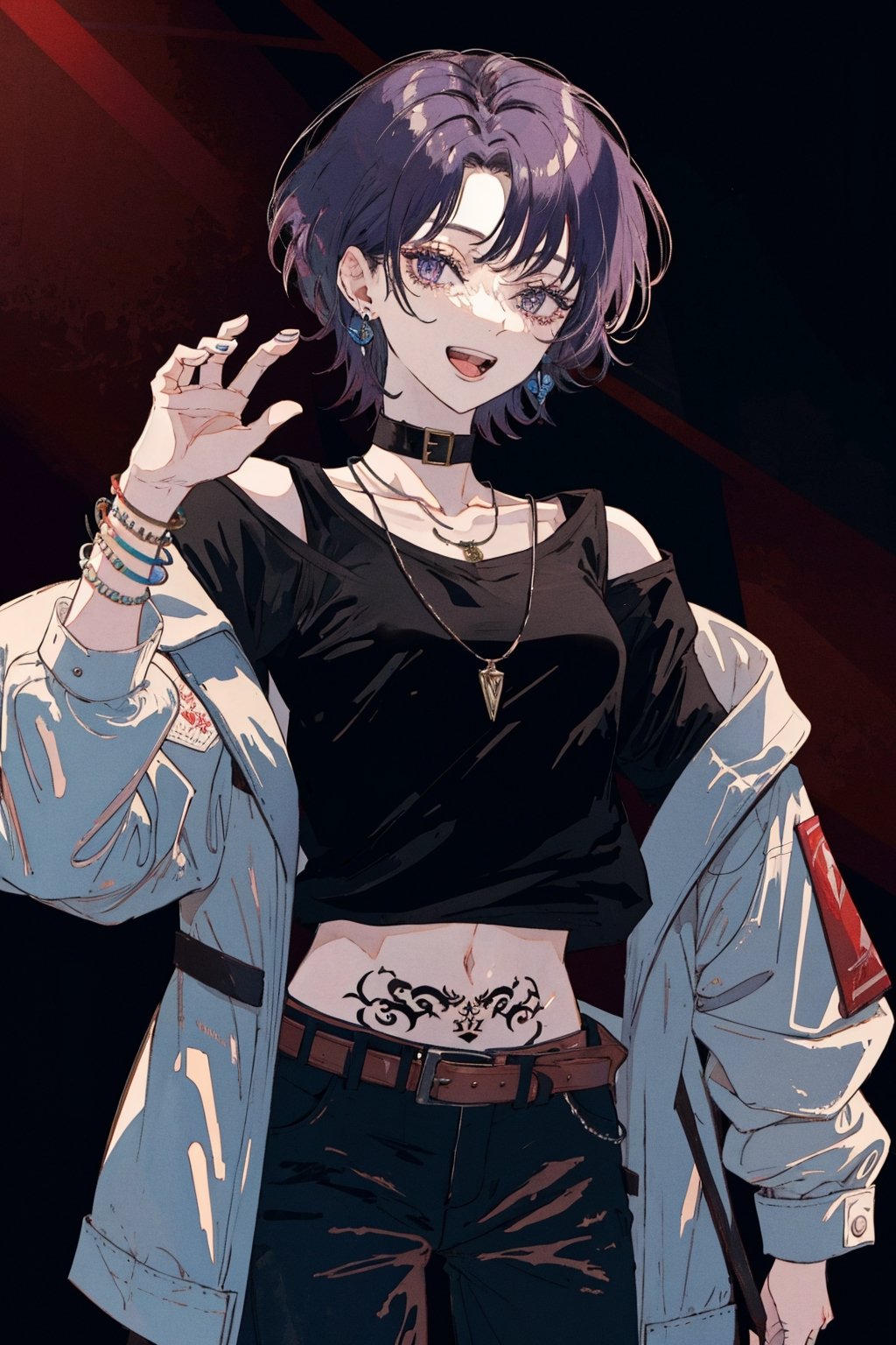 solo, looking at viewer, smile, short hair, open mouth, shirt, 1boy, navel, holding, jewelry, nipples, jacket, purple hair, male focus, cowboy shot, earrings, open clothes, teeth, tongue, belt, pants, necklace, off shoulder, collar, bracelet, black jacket, see-through, open shirt, tattoo, black pants, abs, pectorals, bare pectorals, stage, stage lights,portrait,fujimotostyle