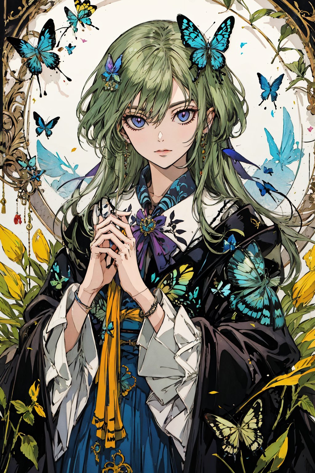 8k, (absurdres, highres, ultra detailed), a woman with long hair holding a crystal ball in her hands and surrounded by butterflies and butterflies around her, Anna Dittmann, anime art, a detailed painting, gothic art, animal, bee, beetle, bird, blue_butterfly, blue_dress, bug, butterfly, butterfly_hair_ornament, butterfly_on_hand, butterfly_print, butterfly_wings, crystal, dragonfly, dress, fairy, glowing_butterfly, hair_between_eyes, hair_ornament, kashiwazaki_sena, leaf, long_hair, long_sleeves, looking_at_animal, looking_at_viewer, origami, own_hands_together, paper_crane, solo, white_butterfly, yellow_butterfly