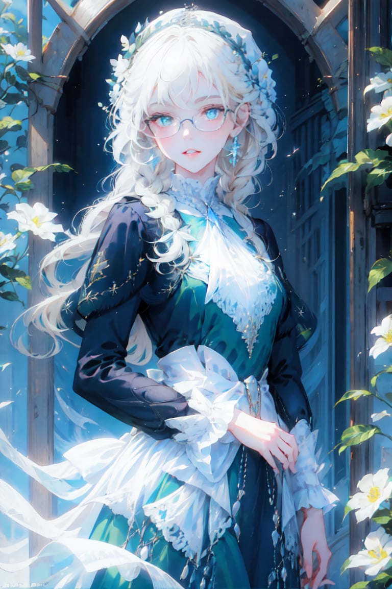 1girl, solo, long hair, looking at viewer, bangs, blue eyes, blonde hair, shirt, long sleeves, hat, dress, holding, jewelry, green eyes, braid, flower, earrings, outdoors, parted lips, glasses, twin braids, ascot, capelet, heterochromia, brooch, green dress, green headwear, white ascot