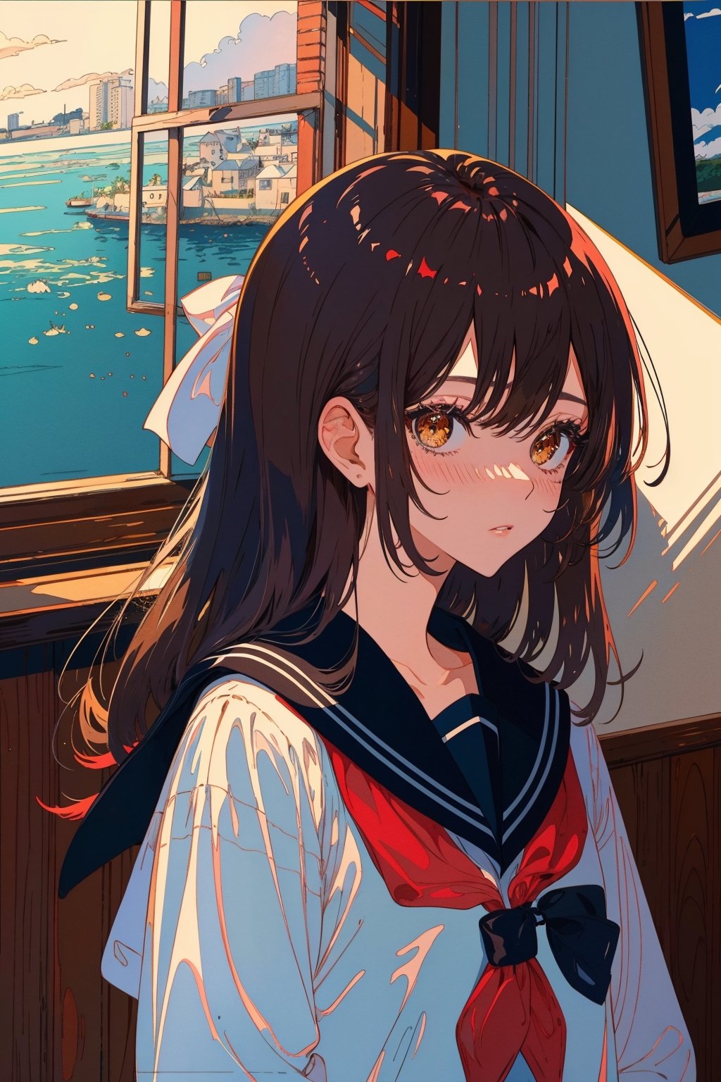 1girl, solo, long hair, looking at viewer, blush, bangs, brown hair, shirt, black hair, bow, ribbon, brown eyes, closed mouth, school uniform, white shirt, upper body, serafuku, indoors, sailor collar, black eyes, lips, neckerchief, window, blue sailor collar, red neckerchief,portrait