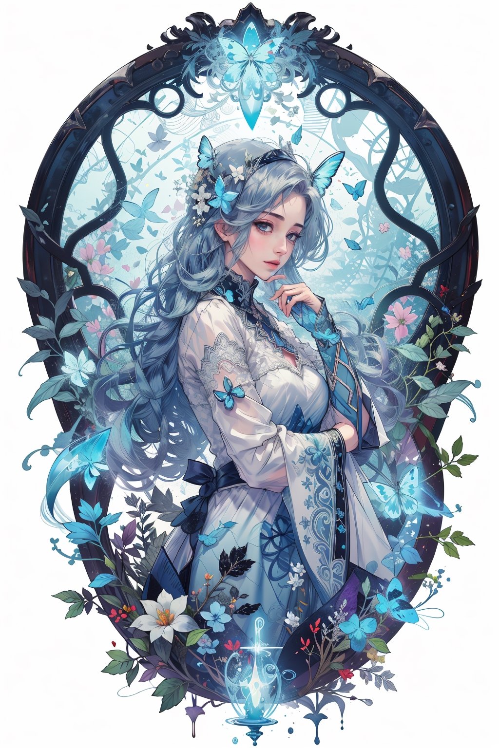 8k, (absurdres, highres, ultra detailed),1LADY. light blue butterfly (transparent, luminous), different world letters, pastel colors, fantasy world, Art Nouveau, Alphonse Mucha