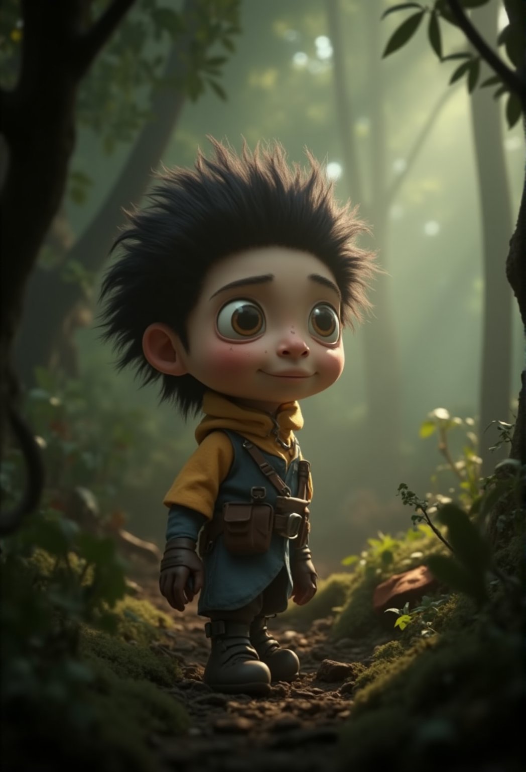 A whimsical CGI 3D animation visual:1 YOUNG IN FOREST, 9 YEARS OLD