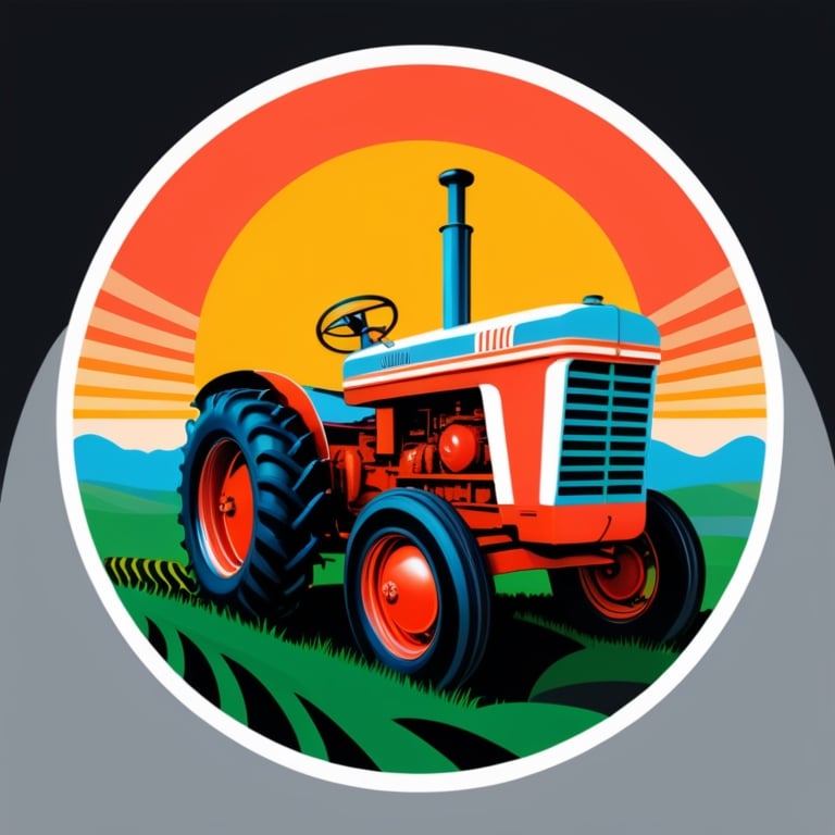 vintage style farm tractor with sunset on white background, in the style of circular shapes, autopunk, striped painting, flickr, retrofuturism, logo, 8k,T shirt design,TshirtDesignAF