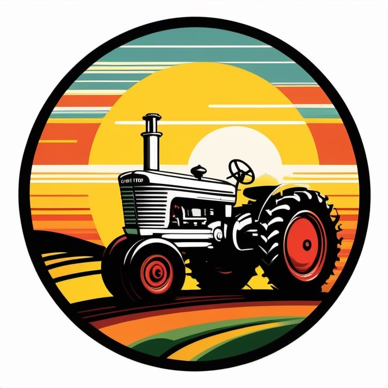 vintage style farm tractor with sunset on white background, in the style of circular shapes, autopunk, striped painting, flickr, retrofuturism, logo, 8k,T shirt design,TshirtDesignAF