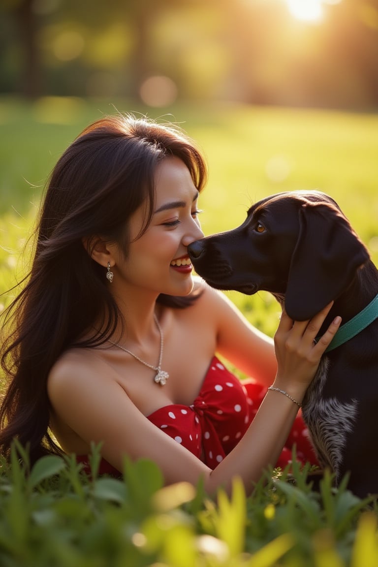 A warm sun casts a gentle glow over the lush green grass as a stunning young woman, her raven-black hair cascading down her back like a waterfall of night, lies serenely, surrounded by vibrant red polka dots on her dress. Her infectious laughter echoes through the park as she playfully interacts with her loyal German Pointer, his wet nose pressed against her smiling face. The tender moment captures the joy and contentment of their special bond.,wonder beauty