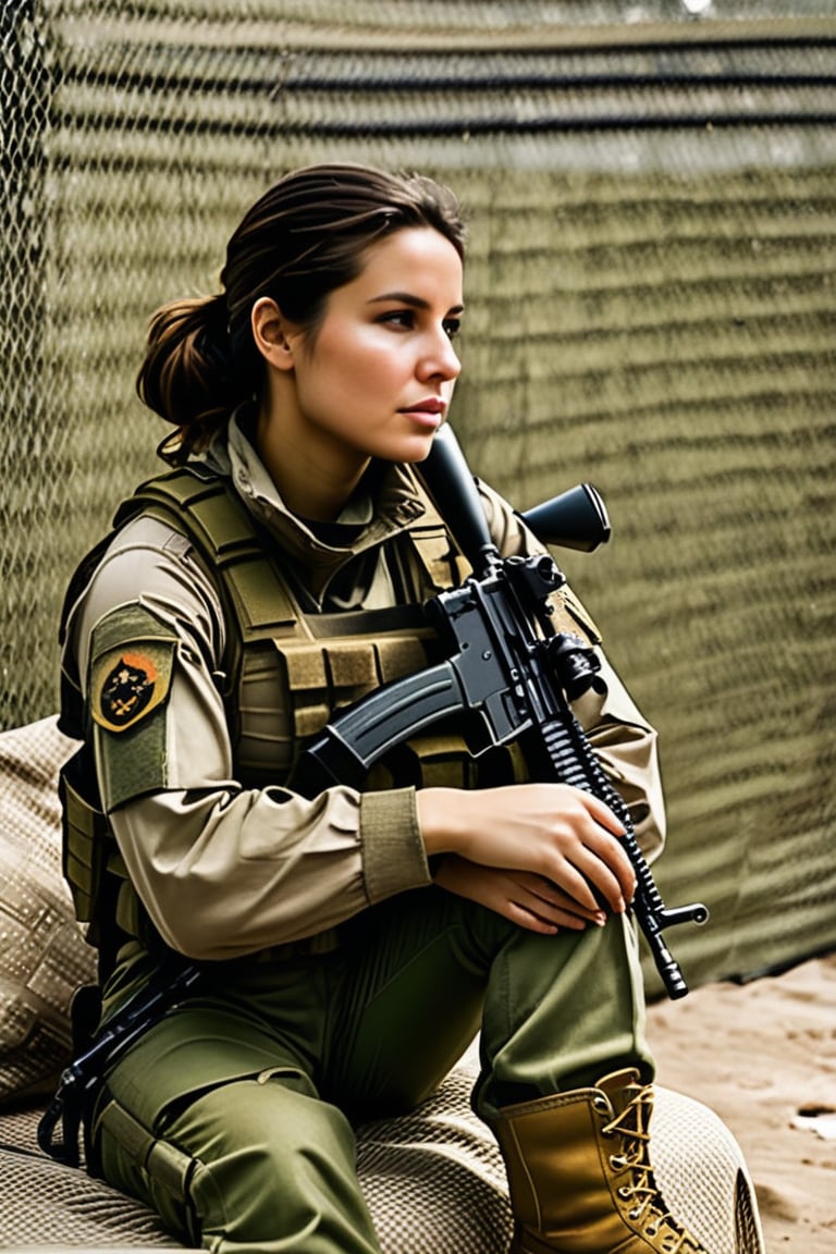 A woman is seated on a makeshift bed, appearing to be in a break area or resting spot. She is dressed in military fatigues, with her pants partially rolled up to reveal camouflaged knee pads. She wears sturdy brown combat boots. In her hands, she holds a rifle casually, with the strap draped over her shoulder. Her expression is thoughtful, with one hand resting under her chin. Around her, there are a few items including a tool, backpack.,(((photorealism:1.4))),(((perfect hands:1.4)))