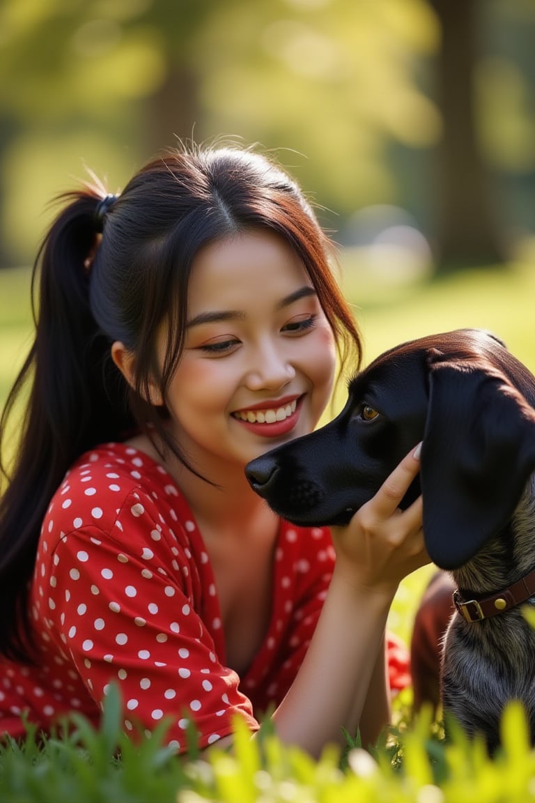 A warm sun casts a gentle glow over the lush green grass as a stunning young woman, her raven-black hair cascading down her back like a waterfall of night, lies serenely, surrounded by vibrant red polka dots on her dress. Her infectious laughter echoes through the park as she playfully interacts with her loyal German Pointer, his wet nose pressed against her smiling face. The tender moment captures the joy and contentment of their special bond.,wonder beauty