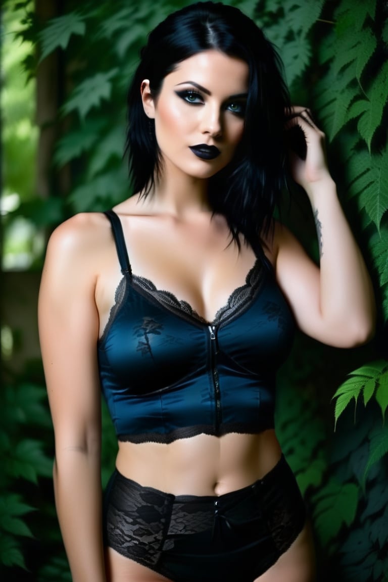 A young, slim Gothic woman stands confidently in front of a lush green plant, her bright blue eyes locking onto the viewer with a subtle intensity. Her black hair cascades down her back, blending with the subtle highlights of brown locks peeking out from beneath her black jacket. A (((laced transparent bra))) tops off her attire, the straps delicately parted as she gazes directly at the camera, her full-figured body posed in a powerful stance. The open shirt and undone zipper tease a glimpse of smooth skin, a (((navel ring))), while the matching (((black lace panties))) provide a playful contrast to the lush green foliage behind her. Her lips are subtly parted, framing a gentle smile that exudes quiet confidence.,(((photorealism:1.4)))