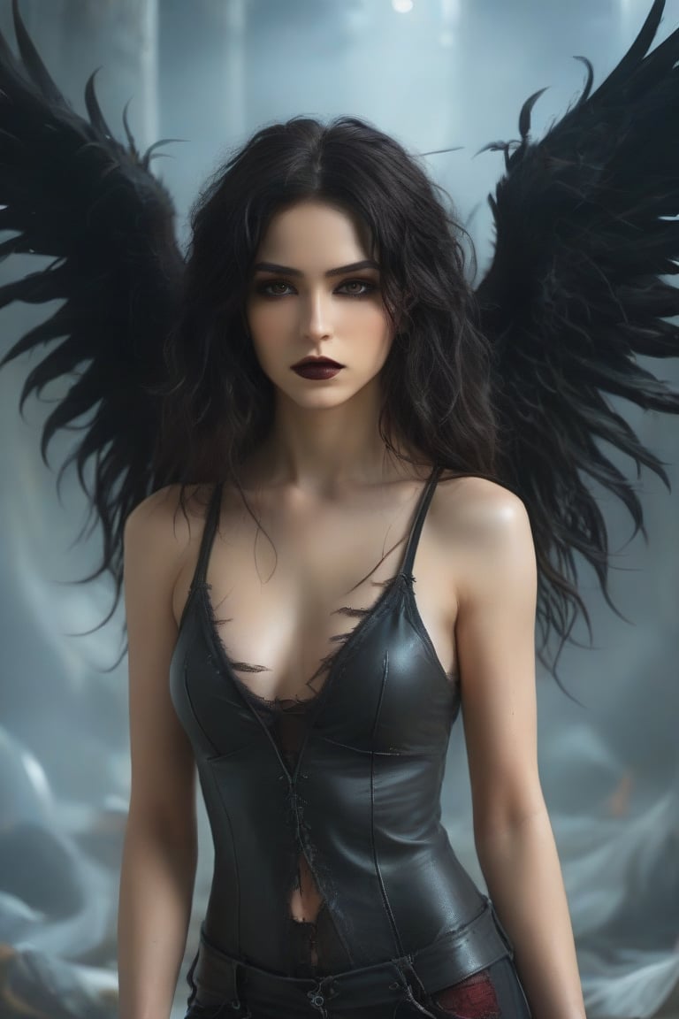 "A fierce, dark angelic figure stands with an intense expression. She has long, flowing hair that transitions from dark brown to fiery red at the tips. Dressed in a revealing, black leather-like top and a tattered black,gothic