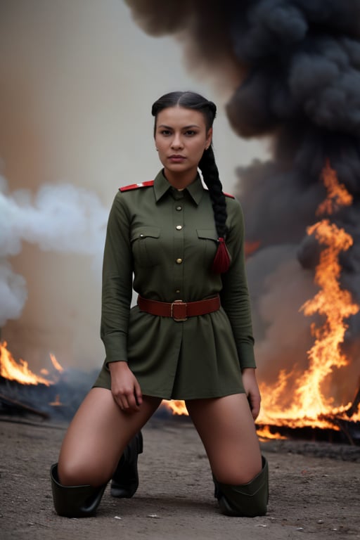 A determined Soviet sniper, early twenties, fair skin, dark braids framing expressive eyes, serious expression. Olive-green tunic with red star emblem, loose fit, wide leather belt accentuating waistline. Matching skirt, sturdy boots. Kneeling, aiming through rifle scope, focused expression. Natural background: burning town.