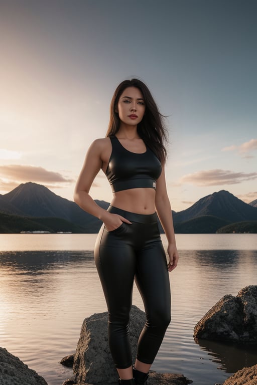 In a moody, dark neo-noir setting, a stunning young Thai woman, clad in leather pants, denim jacket, and tank top, stands tall amidst the rugged wilderness. Her fiery wild hair blows gently in the windy conditions as she gazes seductively into the distance with smoky eyes and a sly grin. The 8K wallpaper features a highly detailed, photorealistic depiction of her toned body, perfect face, and lifelike texture, all set against a backdrop of towering rocks, mountains, and a serene lake. The dramatic lighting accentuates her slender physique as she stands confidently, with a hint of retro fantasy charm.,photo of perfecteyes eyes