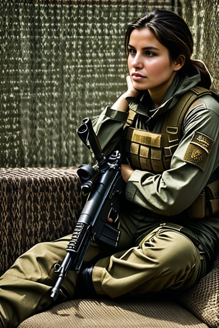 A woman is seated on a makeshift bed, appearing to be in a break area or resting spot. She is dressed in military fatigues, with her pants partially rolled up to reveal camouflaged knee pads. She wears sturdy brown combat boots. In her hands, she holds a rifle casually, with the strap draped over her shoulder. Her expression is thoughtful, with one hand resting under her chin. Around her, there are a few items including a tool, backpack.,(((photorealism:1.4))),(((perfect hands:1.4)))