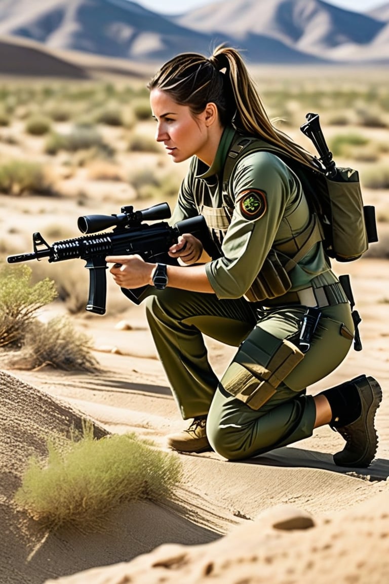 Jill, is kneeling on the ground in an outdoor desert environment, (((aiming an assault rifle at a target:1.4))). She has long hair tied back in a ponytail and is wearing a green army  t-shirt and green tactical army pants, secured with a belt. Her brown combat boots are firmly planted on the ground, indicating a stable shooting position. The backdrop features a sandy, rocky terrain, emphasizing the rugged setting. She appears focused, engaged in a training.,(((photorealism:1.4))),(((perfect hands:1.4)))