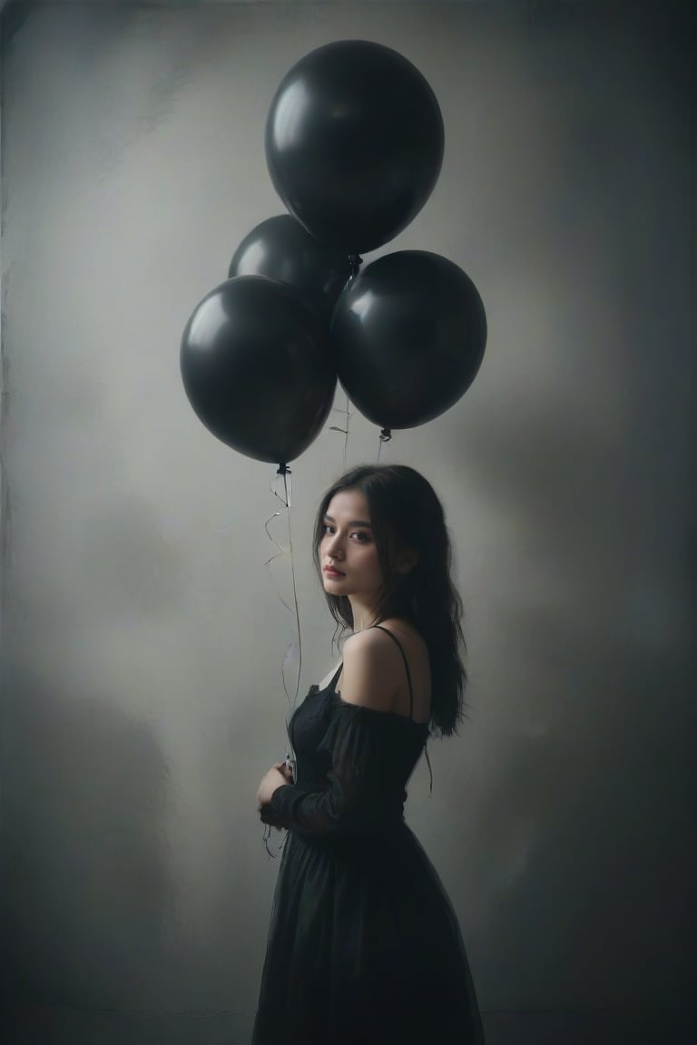 FULL-FRAME, Traducir texto con la cámara
Create an image that features a 22 year old  Gothic girl, holding two giant black balloons against a muted gray background to evoke a whimsical, dreamlike atmosphere.,gothic